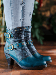 SOFFIA | FLORAL EMBOSSED BUCKLE UP LEATHER BOOTIE - TEAL