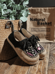 CACTUS ROSE | GARDEN EMBROIDERED LINEN ESPADRILLE SNEAKER - BLACK