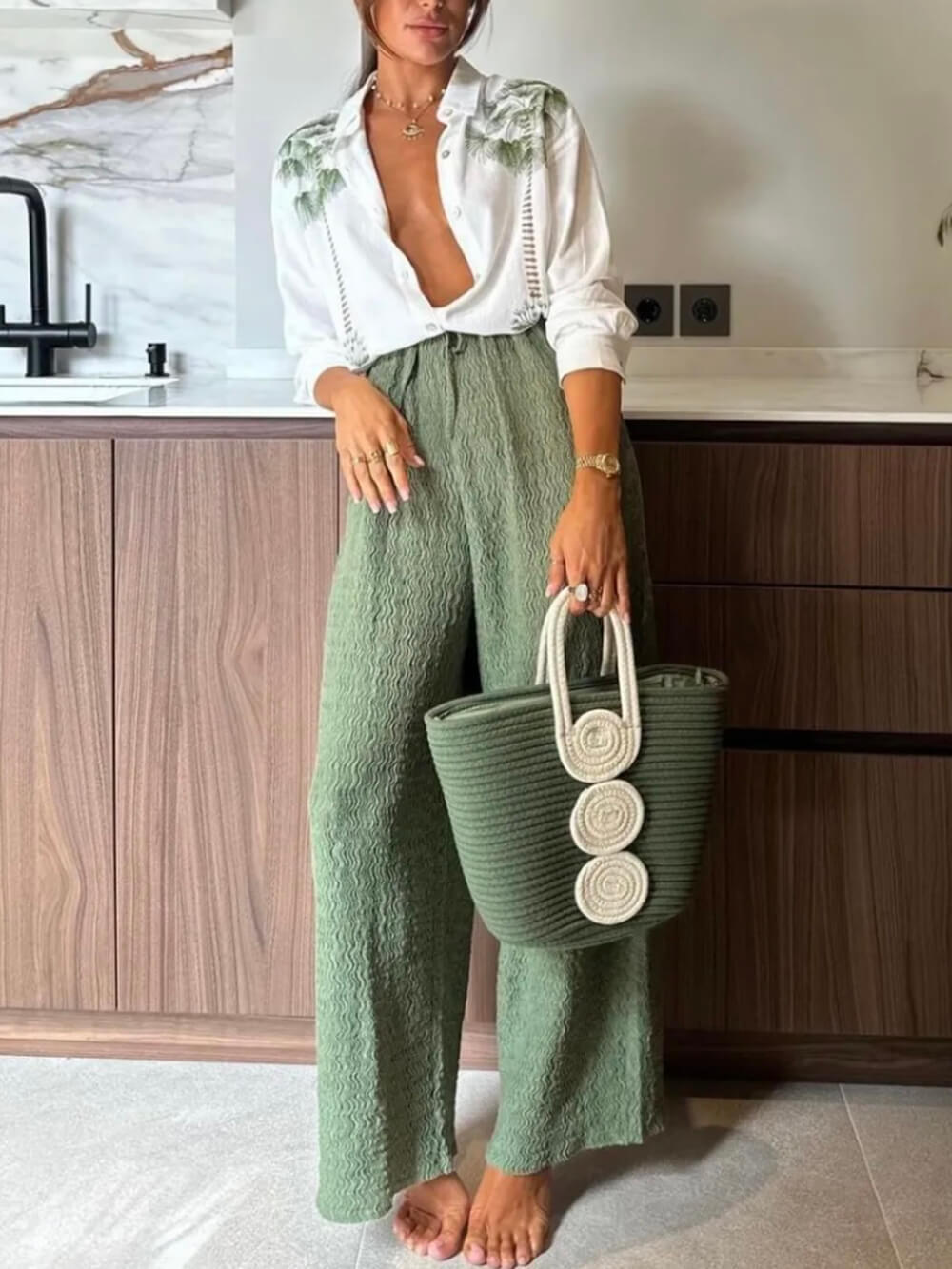 Summer Tropical Style Unique Pleated Elastic Waist Pocket Straight Leg Pants