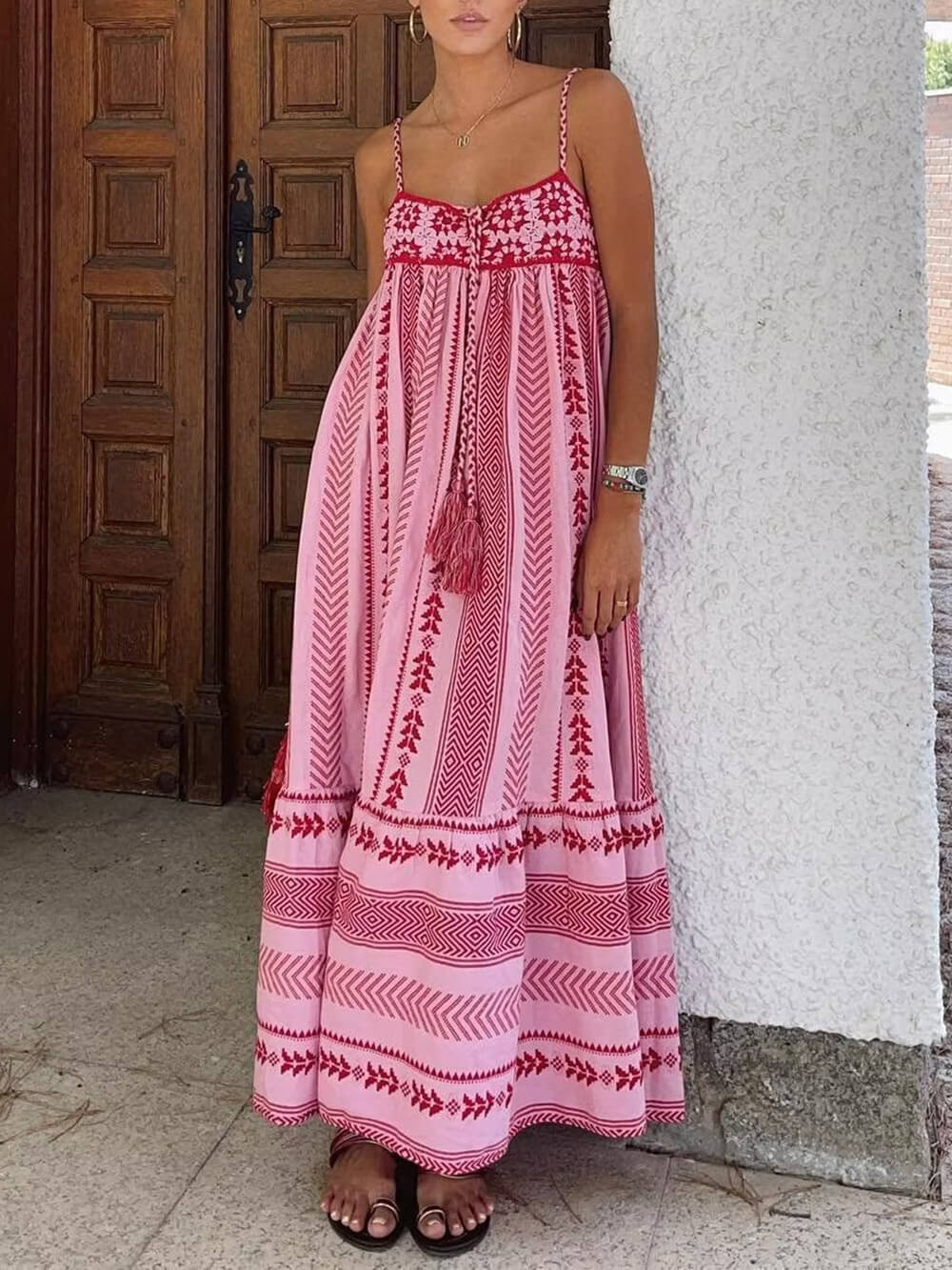 Camellia Blossom - Ethnic Style Crochet Patchwork Knitted Slip Maxi Dress