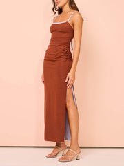 Slit Pleated Open Back Maxi Dress