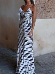 Savannah Chic - Polka Dot Print Guipure Ruffled Suspender Maxi Dress