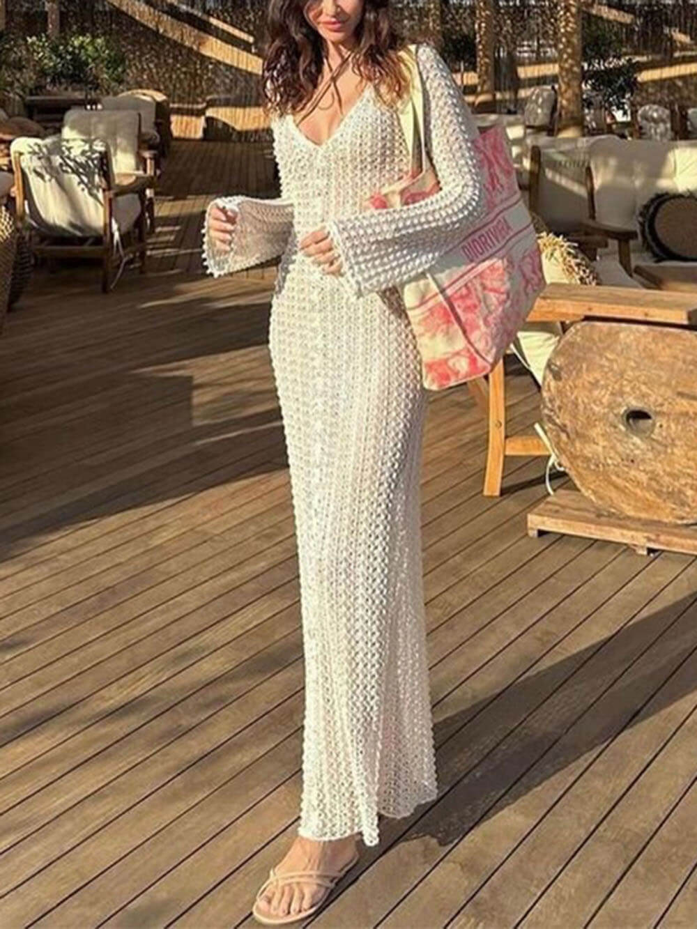 Bella-Beach V-Neck Crochet Maxi Dress