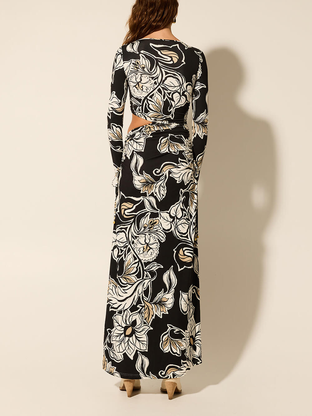 Floral Print Unique Waist Hollow Out Maxi Dress