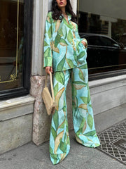 Exquisite Unique Palm Leaf Print Elastic Pocket Wide-Leg Pants