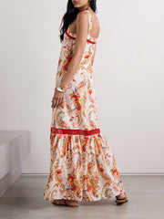 Modern Exquisite Paisley Crochet Trim Print Maxi Dress