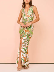 Unique Paisley Print Central Twist Knot Detail Slit Maxi Dress