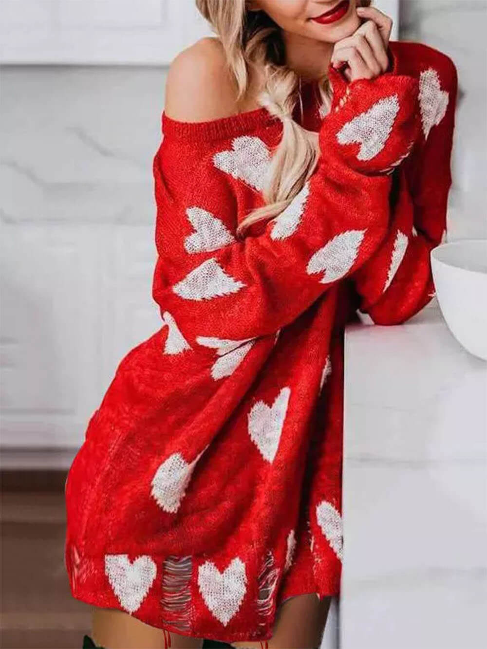 Hollow Out Hole Heart Sweater Dress