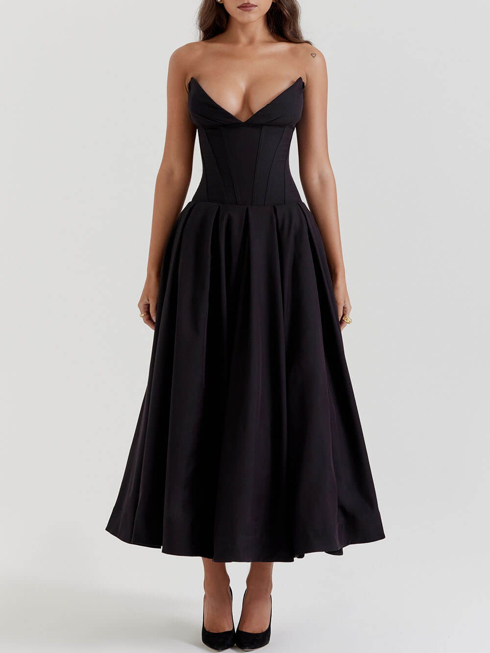 Elegance Defined - Black Strapless Midi Dress