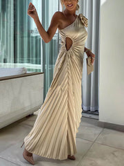 Romantic Night Guilloche Stretch Hollow One Shoulder Pleated Maxi Dress