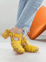 SOFFIA | FLORAL EMBOSSED YELLOW GENUINE LEATHER CLOG