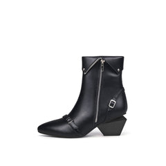 JADY ROSE | BLOCK HEEL LEATHER STRAPS BOOTIE - BLACK