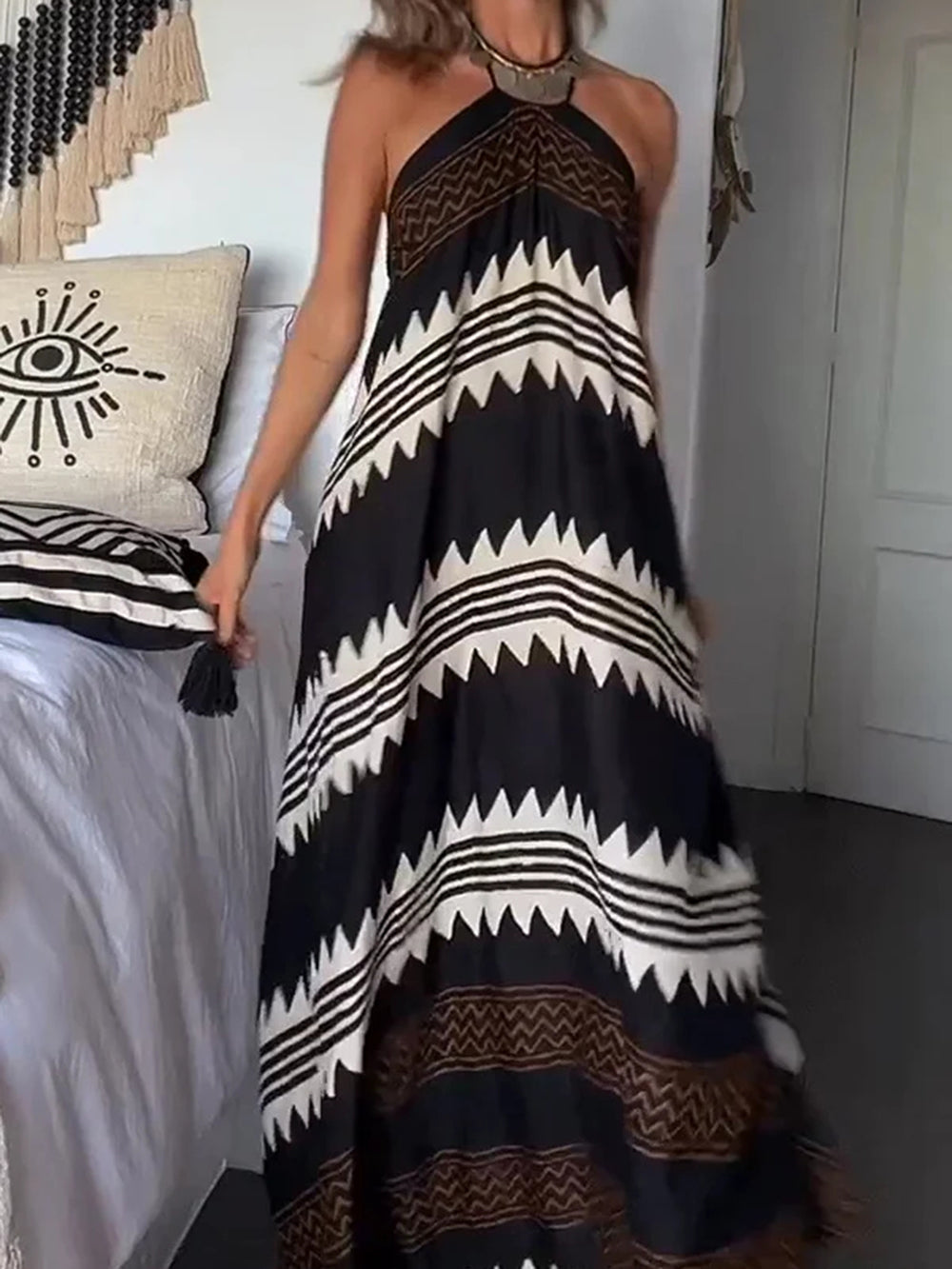 Savannah - Ethnic Print Halter Neck Maxi Dress