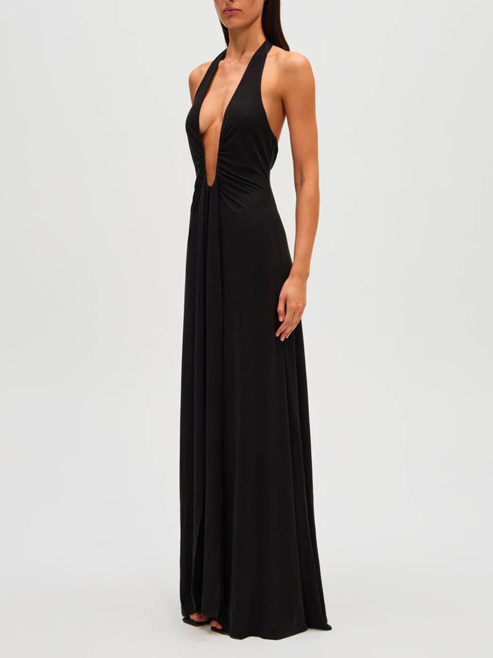 Elegant Deep U-neck Halter Waterfall Sash Drape Maxi Dress