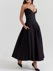 Elegance Defined - Black Strapless Midi Dress