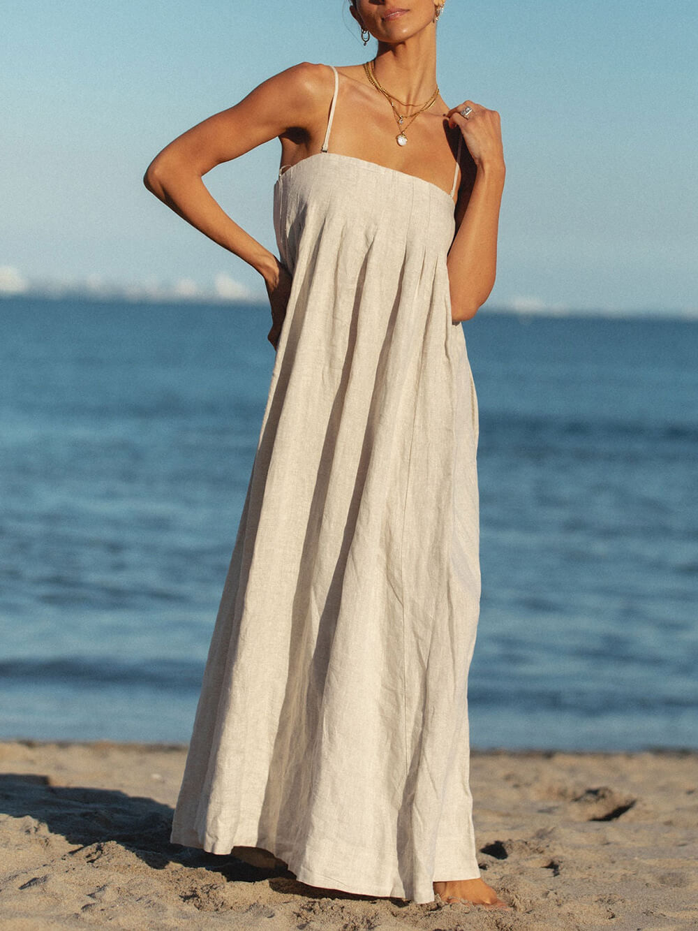 Offshore Pleated Strappy Linen Maxi Dress