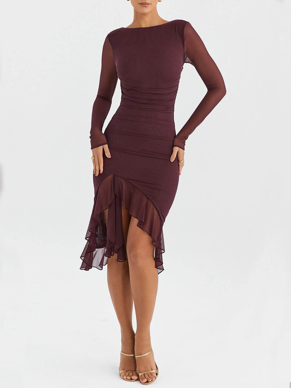 Burgundy-Muse Ruffle Midi Dress