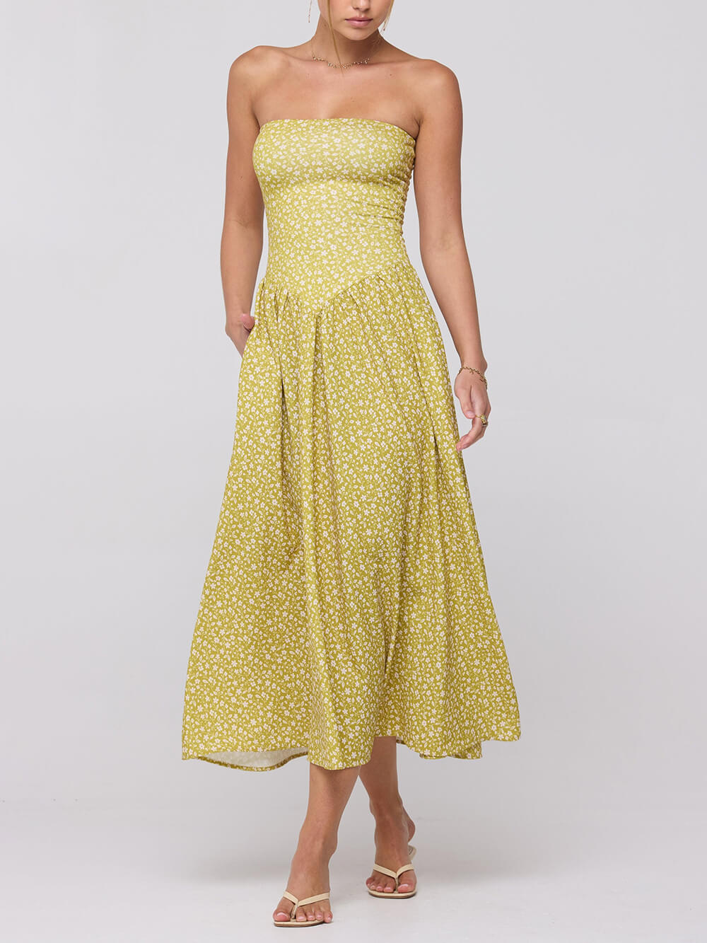 Chic Off-The-Shoulder Drop-Waist Print Flowy Midi Dress