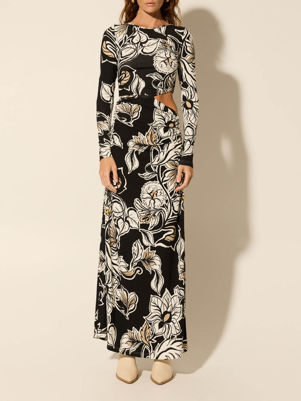 Floral Print Unique Waist Hollow Out Maxi Dress