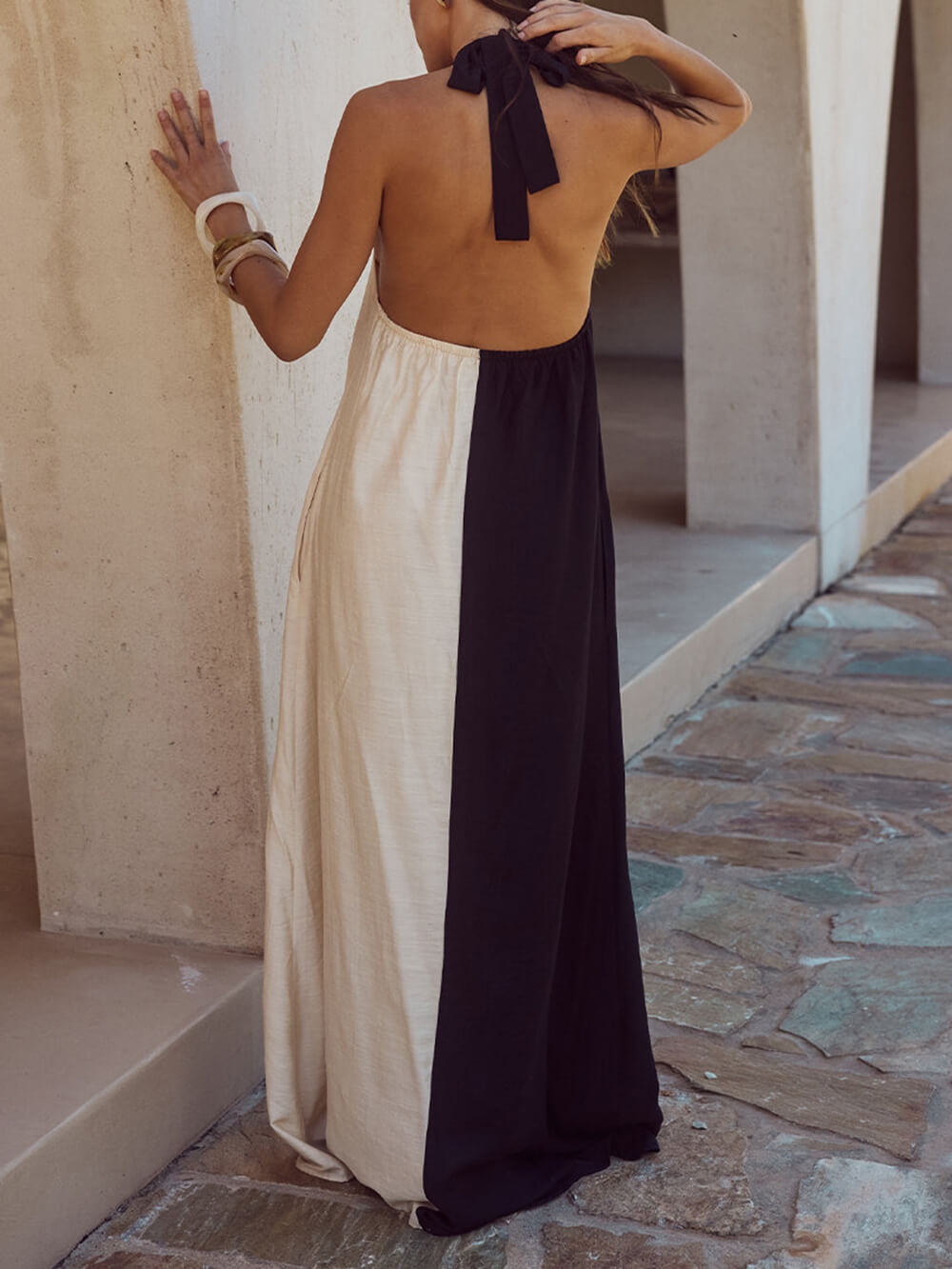 Hanging Neck Bold Contrast Color Halter Pocketed A-Line Maxi Dress