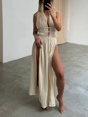 Boho Braids Belt Cutout Slit Kaftan Maxi Dress