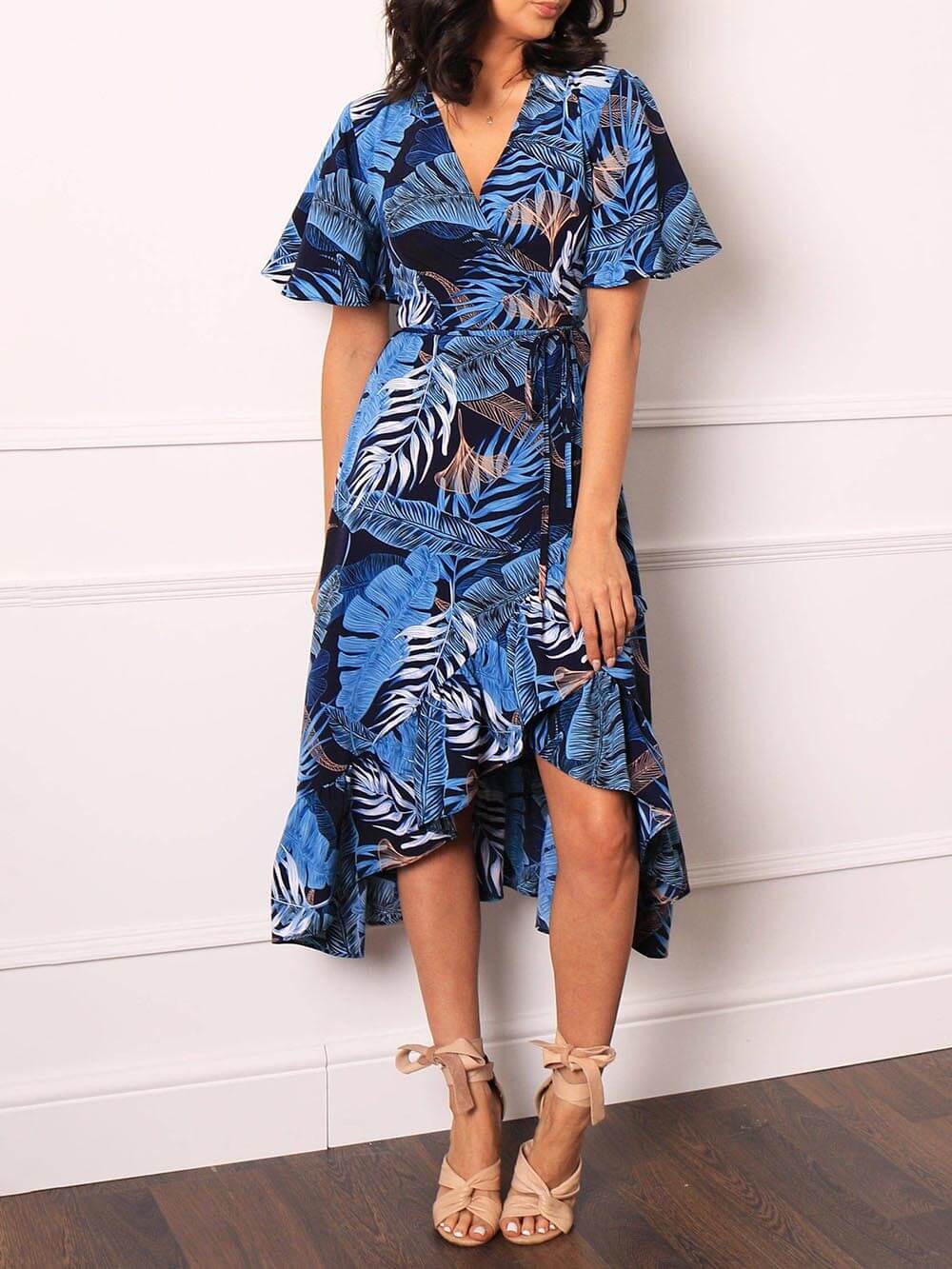 Palm Leaf Print Wrap Over Midi Dress