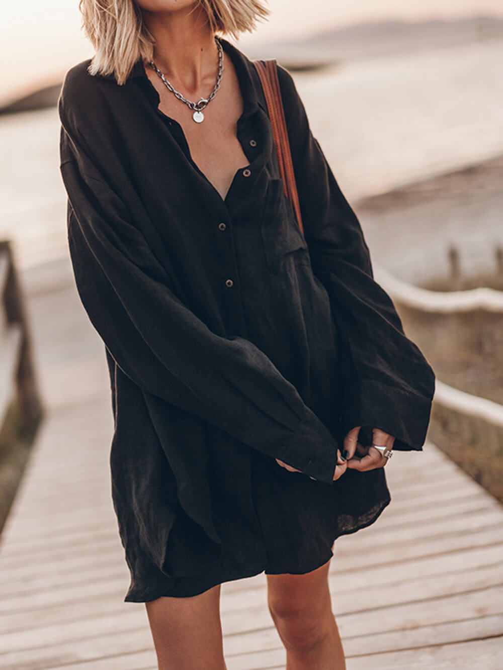 Pocketed Long Sleeve Oversized Shirt