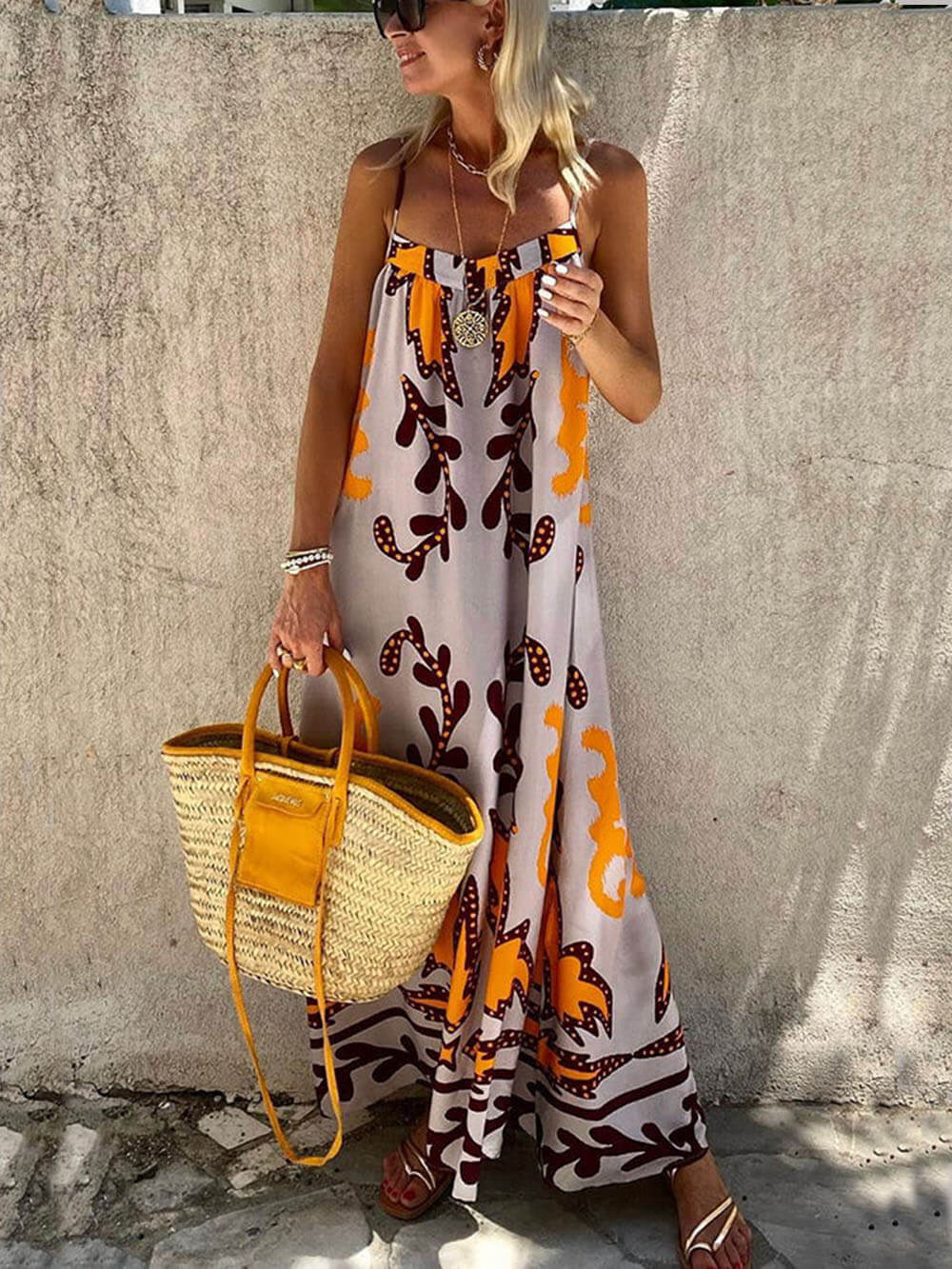 Artemis Delight - Ethnic Print Spaghetti Strap Maxi Dress