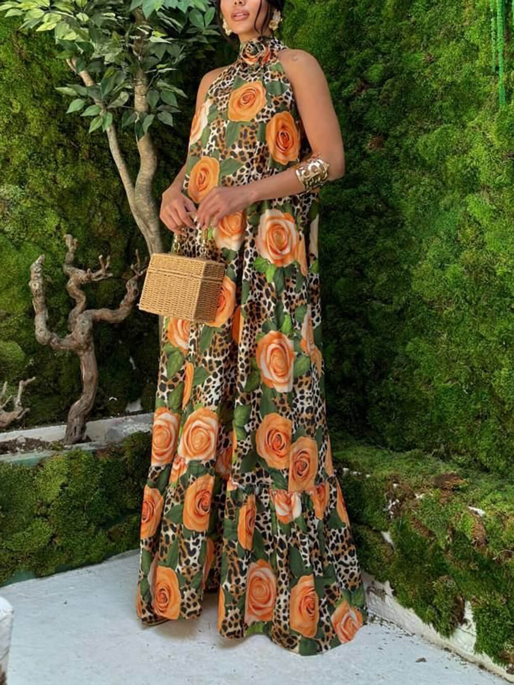 Unique Leopard Print Slit A-Line Maxi Dress