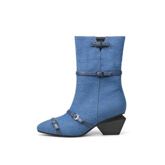 JADY ROSE | CROSS STRAPS DENIM MOTO BOOTS