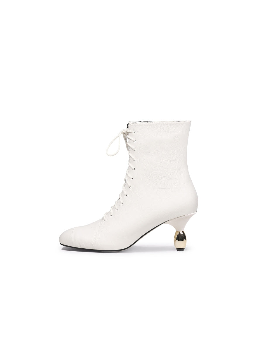 JadyRose | Genuine Leather Golden Drop Heeled White Bootie Ankle Boots