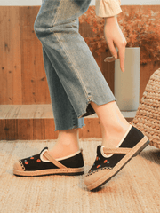 CACTUS ROSE | STAR EYE EMBROIDERED LINEN ESPADRILLE - BLACK