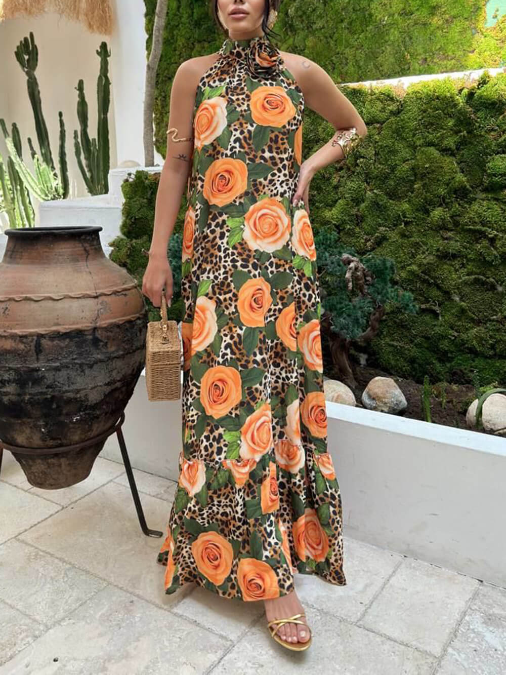 Unique Leopard Print Slit A-Line Maxi Dress