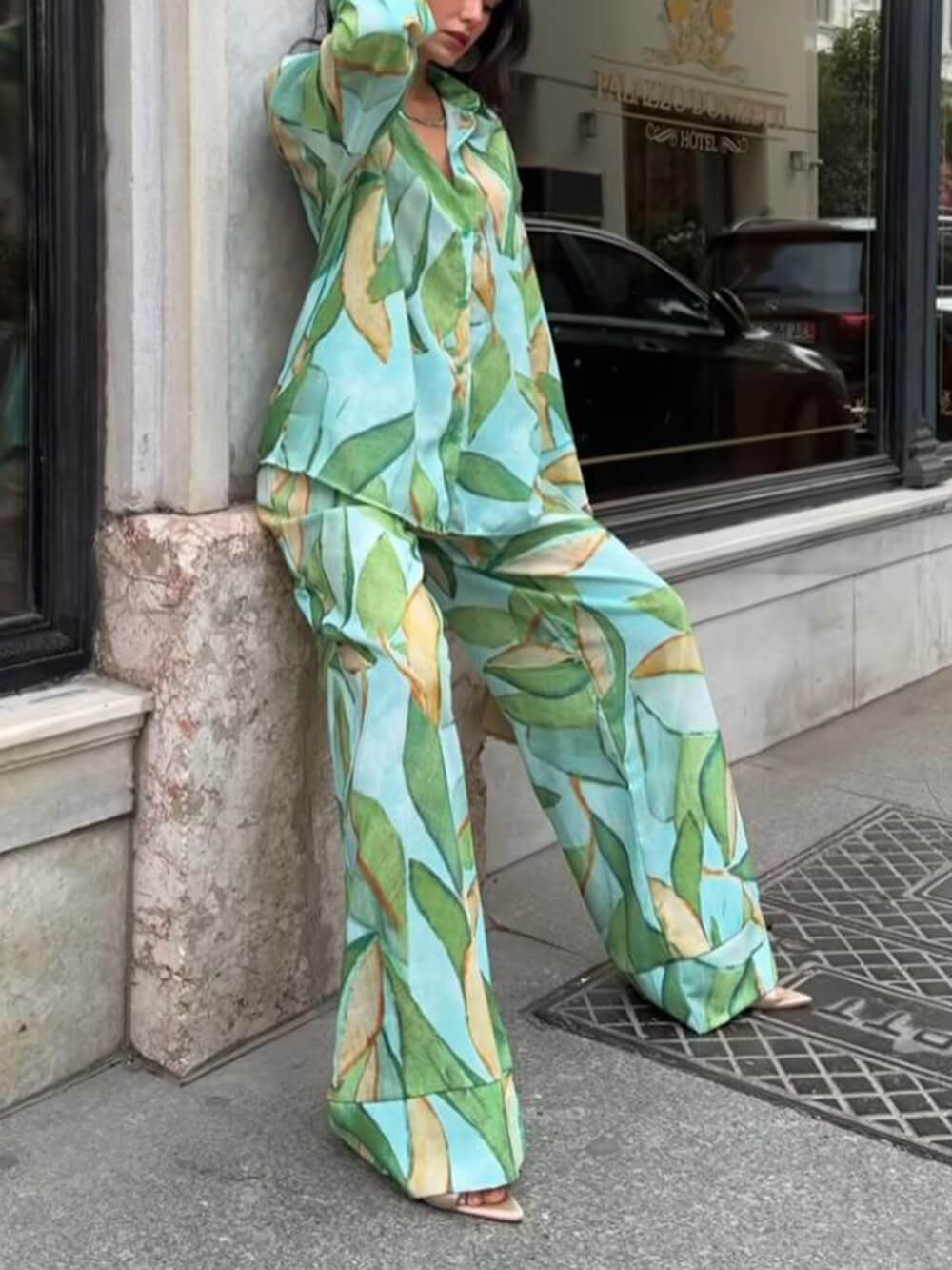 Exquisite Unique Palm Leaf Print Elastic Pocket Wide-Leg Pants