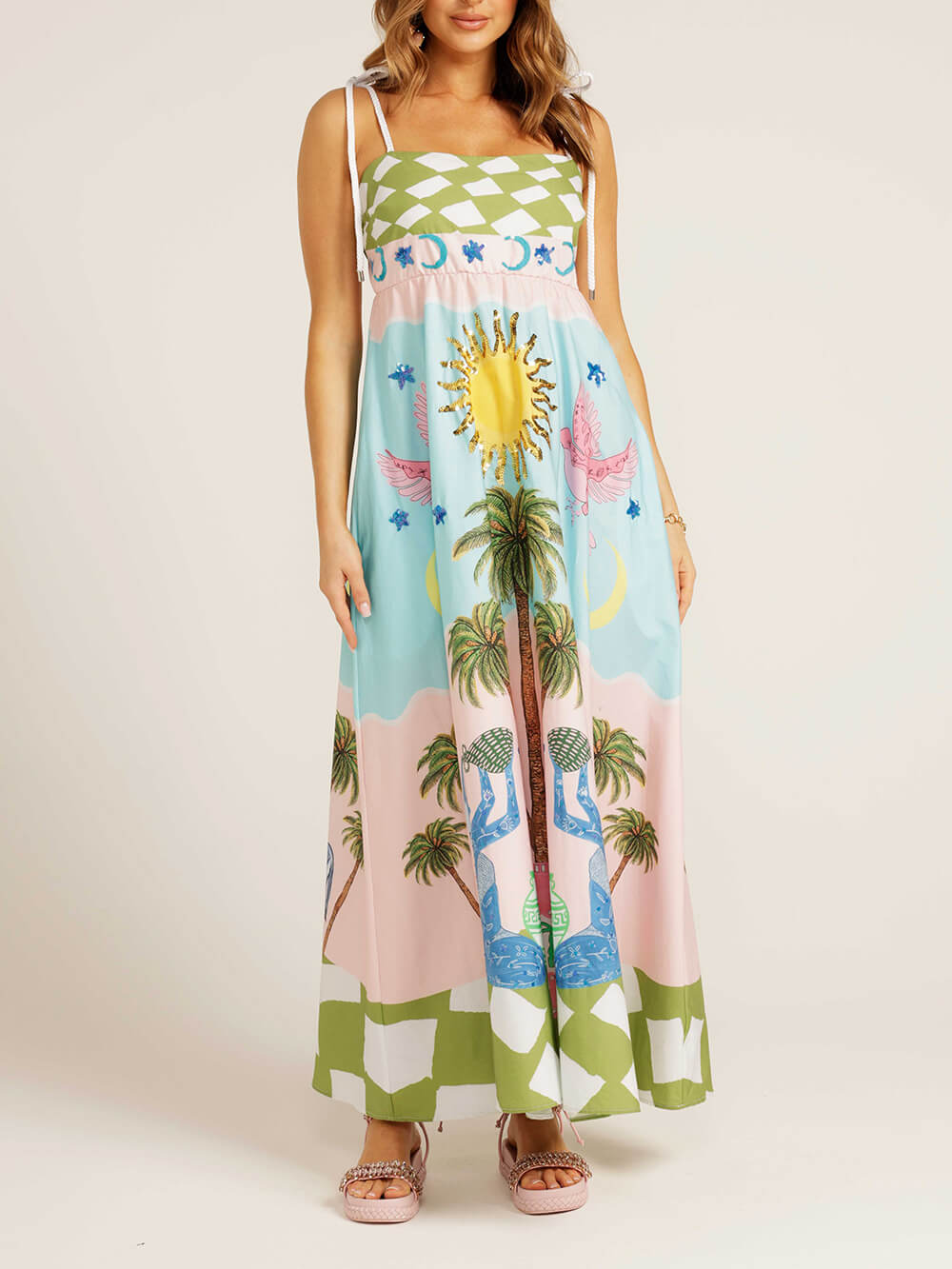 Elegant Goddess Hand-Painted Printed Maxi Dress