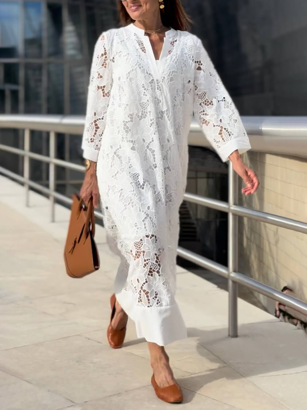 Flower Lace V-Neck Bell Sleeve Loose Midi Dress