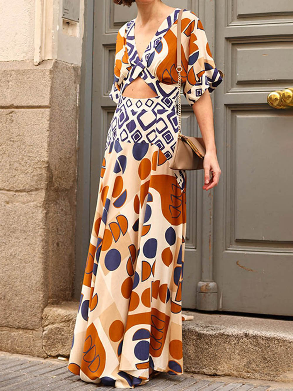 Geometric Unique Print Cutout Waist Maxi Dress