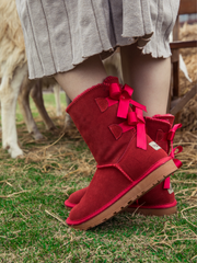 SMAIBULUN Ugg | DOUBLE RIBBON BOW SUEDE BOOT - Red