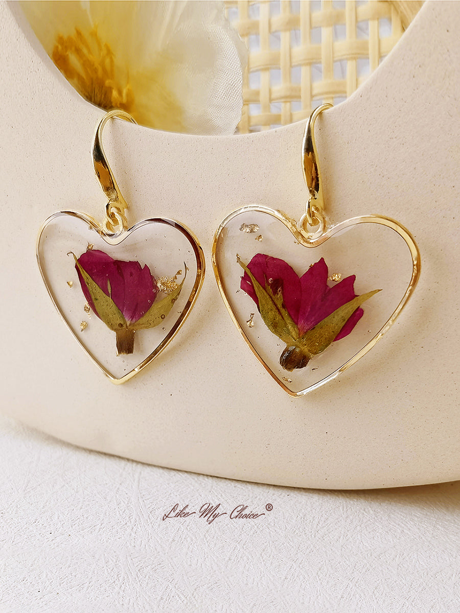 Pressed Flower Earrings - Resin Heart Dried Flower