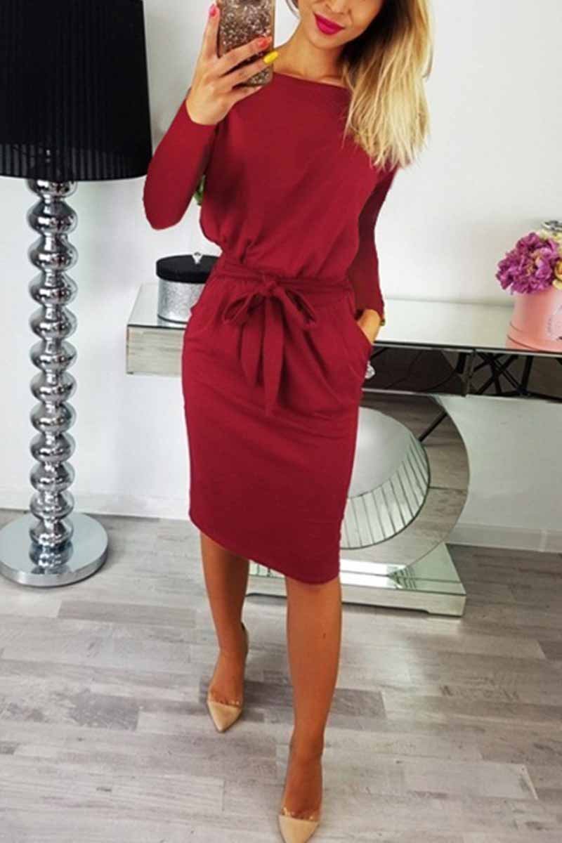 Chicindress O Neck Midi Dress With Belt (Long Sleeve)