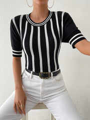 Colette Striped Short Sleeve Knit Top - Black