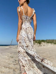 Elegant Vacation Print Pleated Tiered Dress