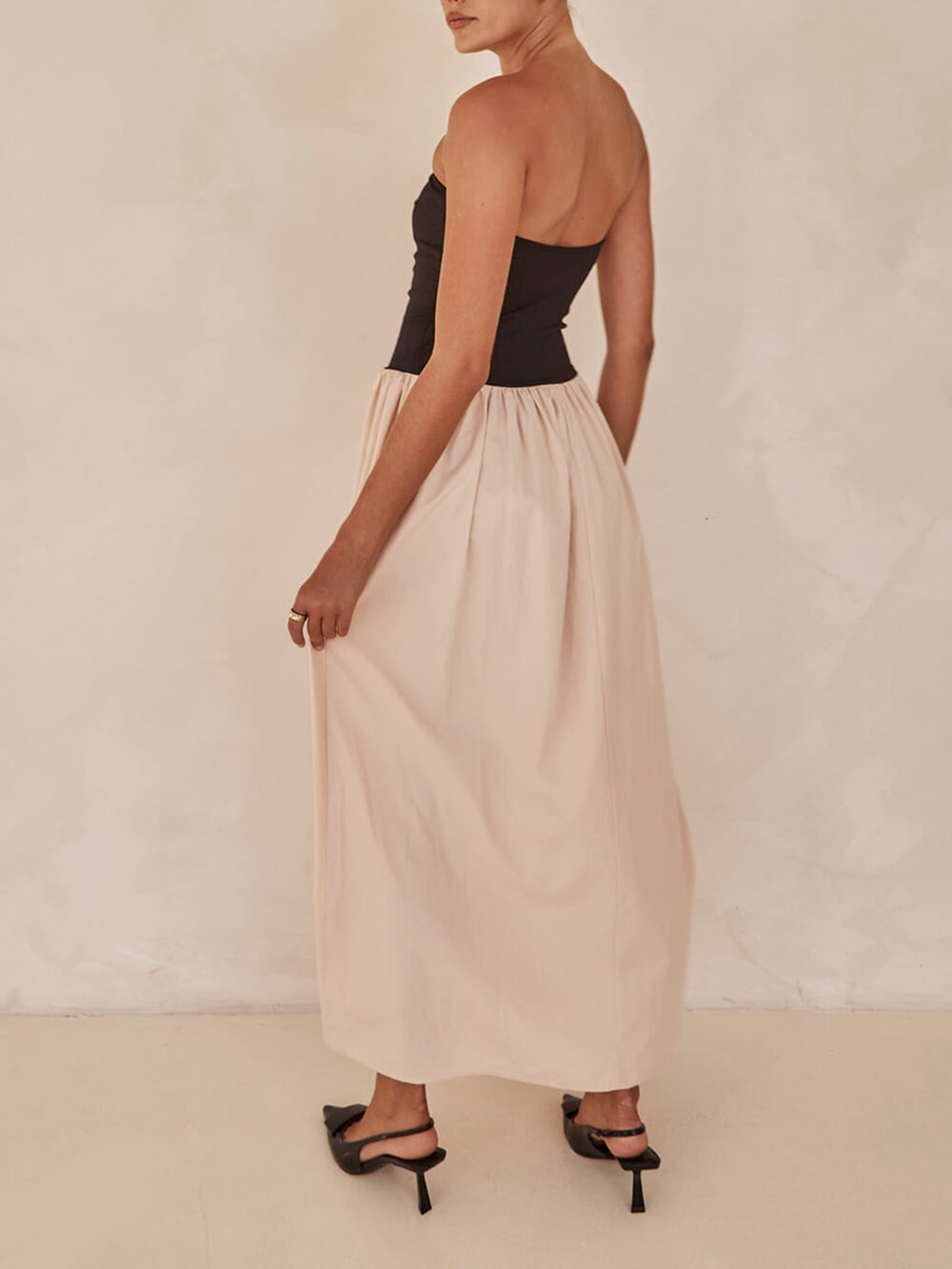 Strapless Black And Sand Paneled Maxi Dress