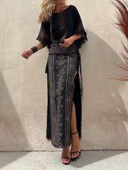 Ethnic Print Patchwork Side Lace-Up Maxi Skirt