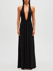 Elegant Deep U-neck Halter Waterfall Sash Drape Maxi Dress