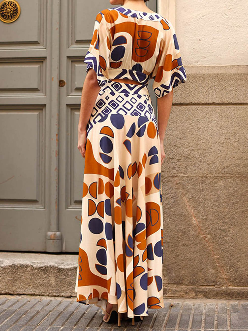 Geometric Unique Print Cutout Waist Maxi Dress