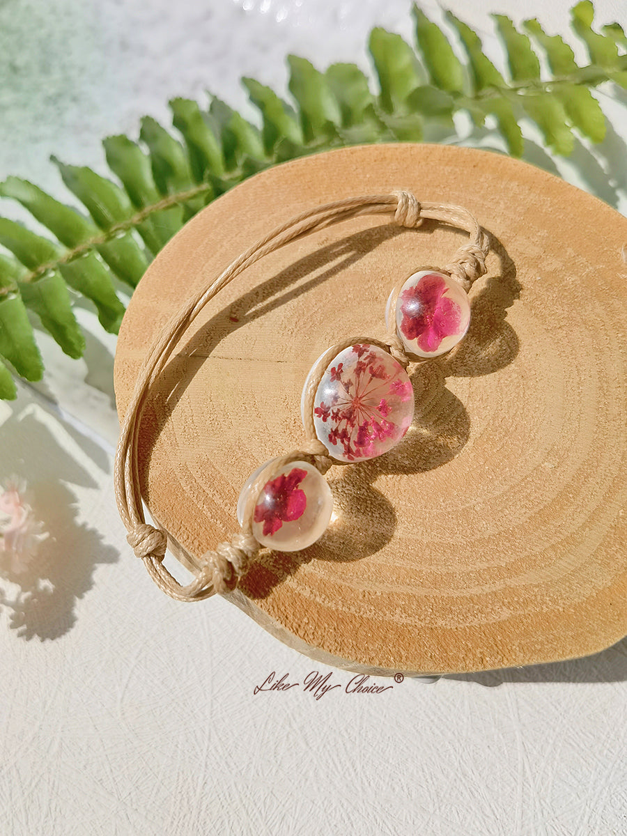 Cherry Blossom Gemstone Glass Cover Charms Adjustable Rope Strand Bangle Bracelet