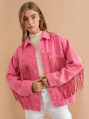 SEQUIN TASSEL WING RETRO DENIM JACKET - PINK