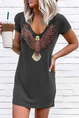 Chicindress Loose V-Neck Eagle Print Short Sleeves Mini Dress