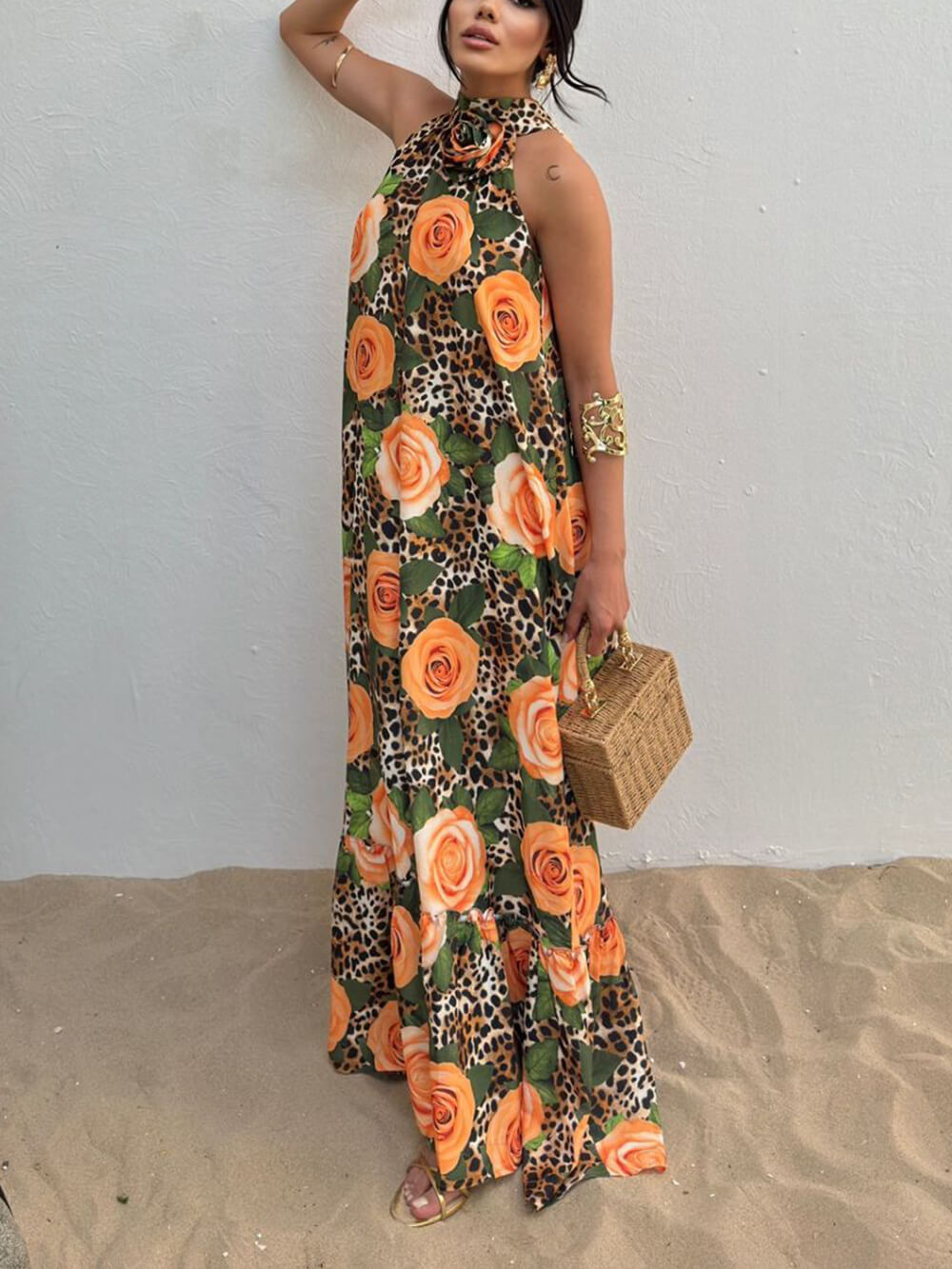 Unique Leopard Print Slit A-Line Maxi Dress